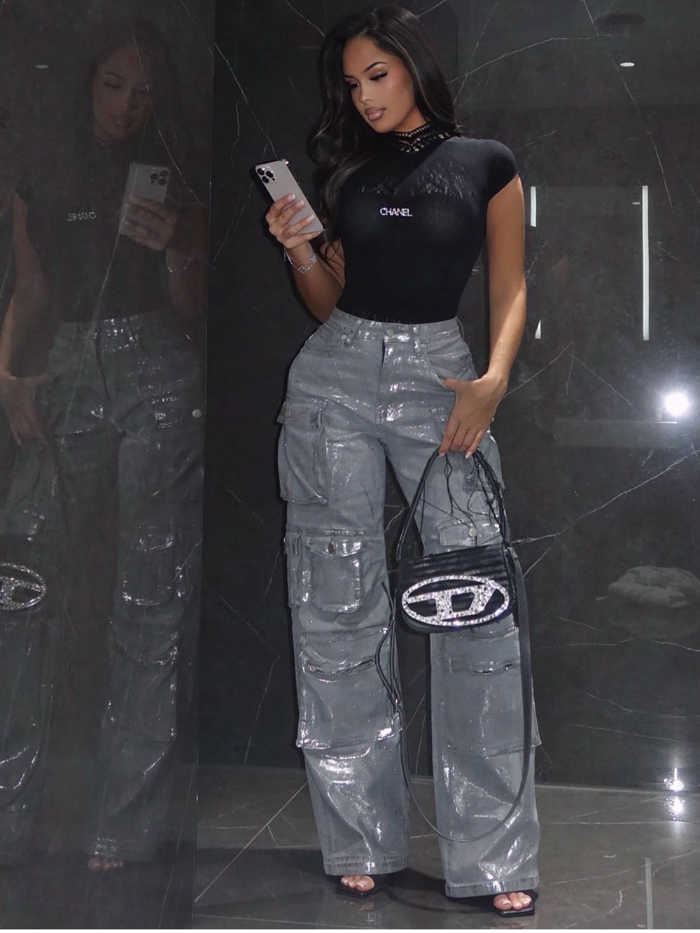 FashionNova Time To Shine Foil Baggy Cargo Jeans  Size 3 Silver - NEW